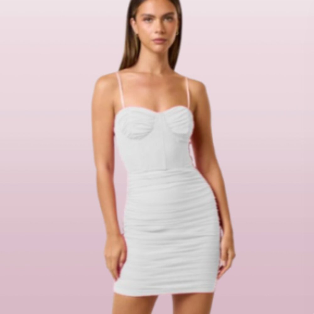 Blue Blush Mesh Ruched Bodycon Mini Corset Dress, White S NWT